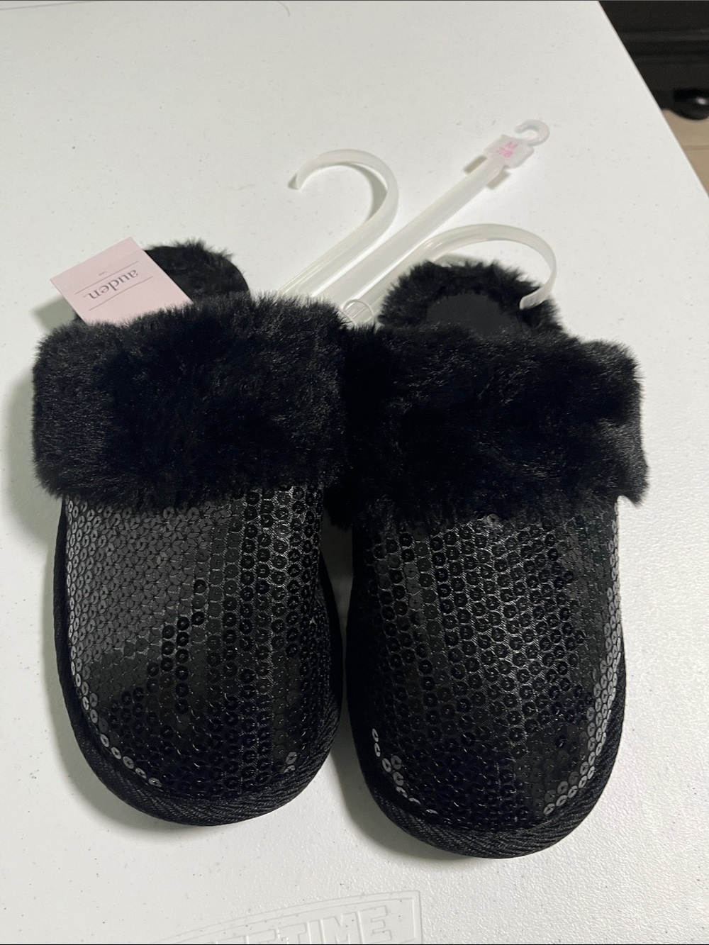 Auden Black Sequin Faux-Fur Kids Slip-On Slippers